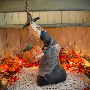 May include: A fabric witch figurine wearing a black pointed hat and a black dress with a tan burlap apron. The witch has long, thin, wispy hair and is holding a round, orange fabric pumpkin with a green stem in its arms.