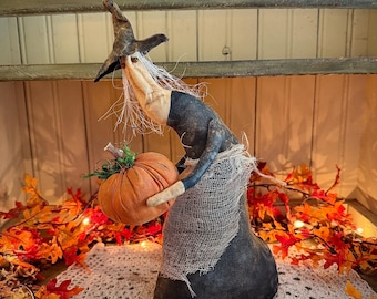 Adorno de estante de arte popular de bruja primitiva para Halloween, decoración espeluznante de otoño