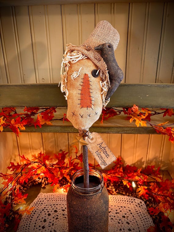 Primitive Halloween Cat Witch Scarecrow on Sticks Fall Farmhouse