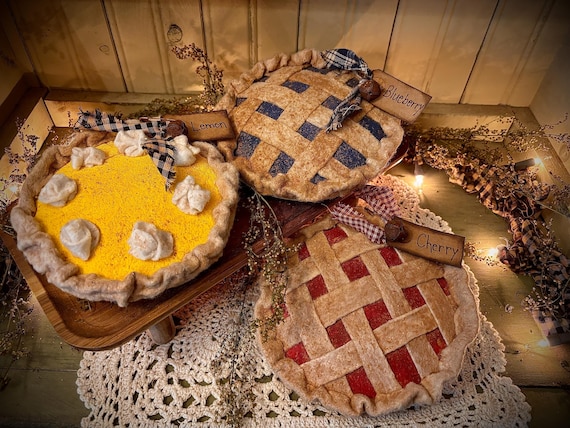 Primitive faux mini pie lemon blueberry cherry farmhouse kitchen decor handmade gifts
