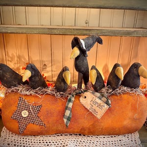 Primitive fall pumpkin with crows shelf sitter farmhouse Halloween spooky decor