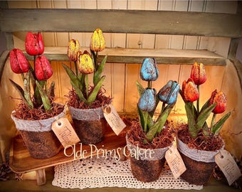 Primitive grungy faux tulips spring Easter flowers farmhouse decor