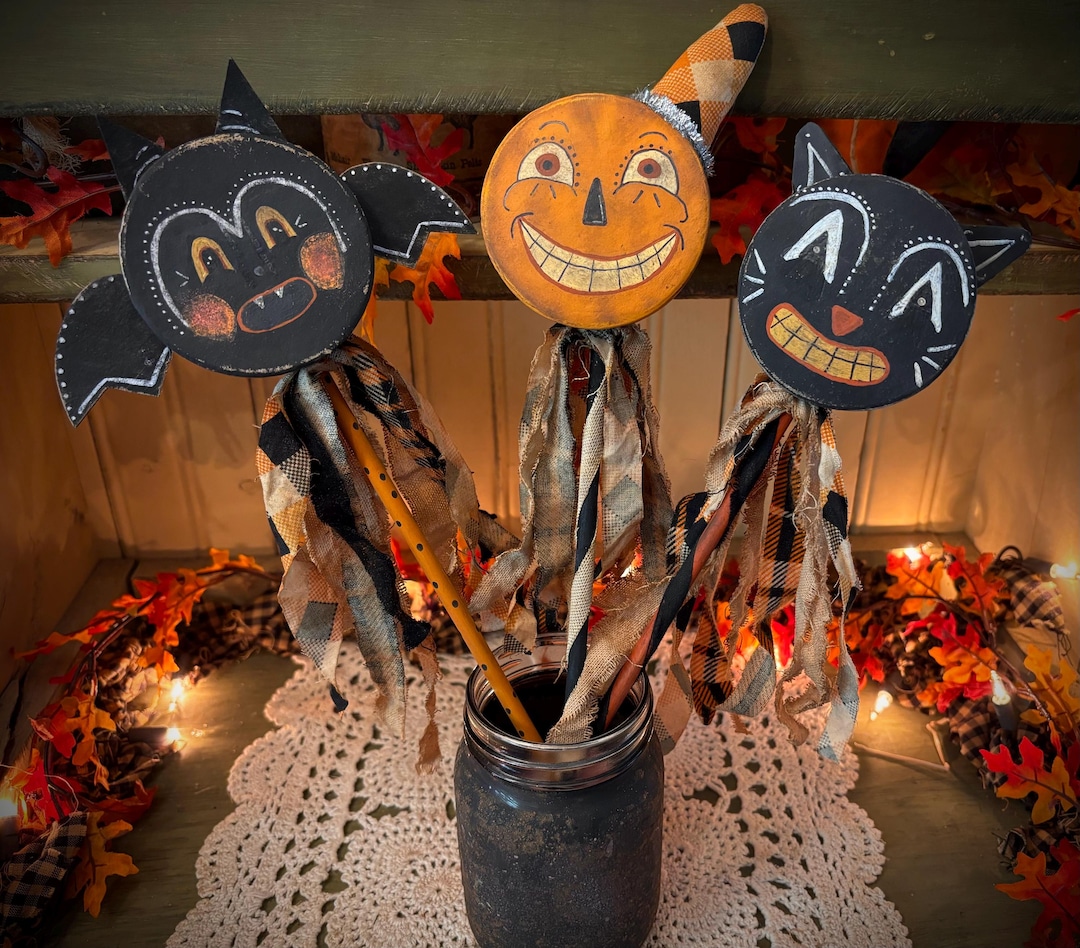 Primitive Rattles Primitive Retro Halloween Rattles Bat Cat Pumpkin Farmhouse Folk Art ...
