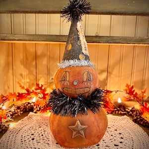 Retro vintage inspired pumpkin folk art shelf sitter Halloween fall spooky farmhouse decor