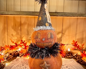 Retro vintage inspired pumpkin folk art shelf sitter Halloween fall spooky farmhouse decor