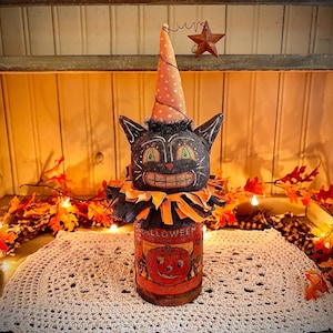 Primitive retro Halloween black cat in can farmhouse folk art fall decor spooky season vintage inspired