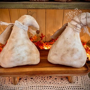 May include: Two white fabric gourds with rustic details, sitting on a wooden shelf with autumn foliage in the background.