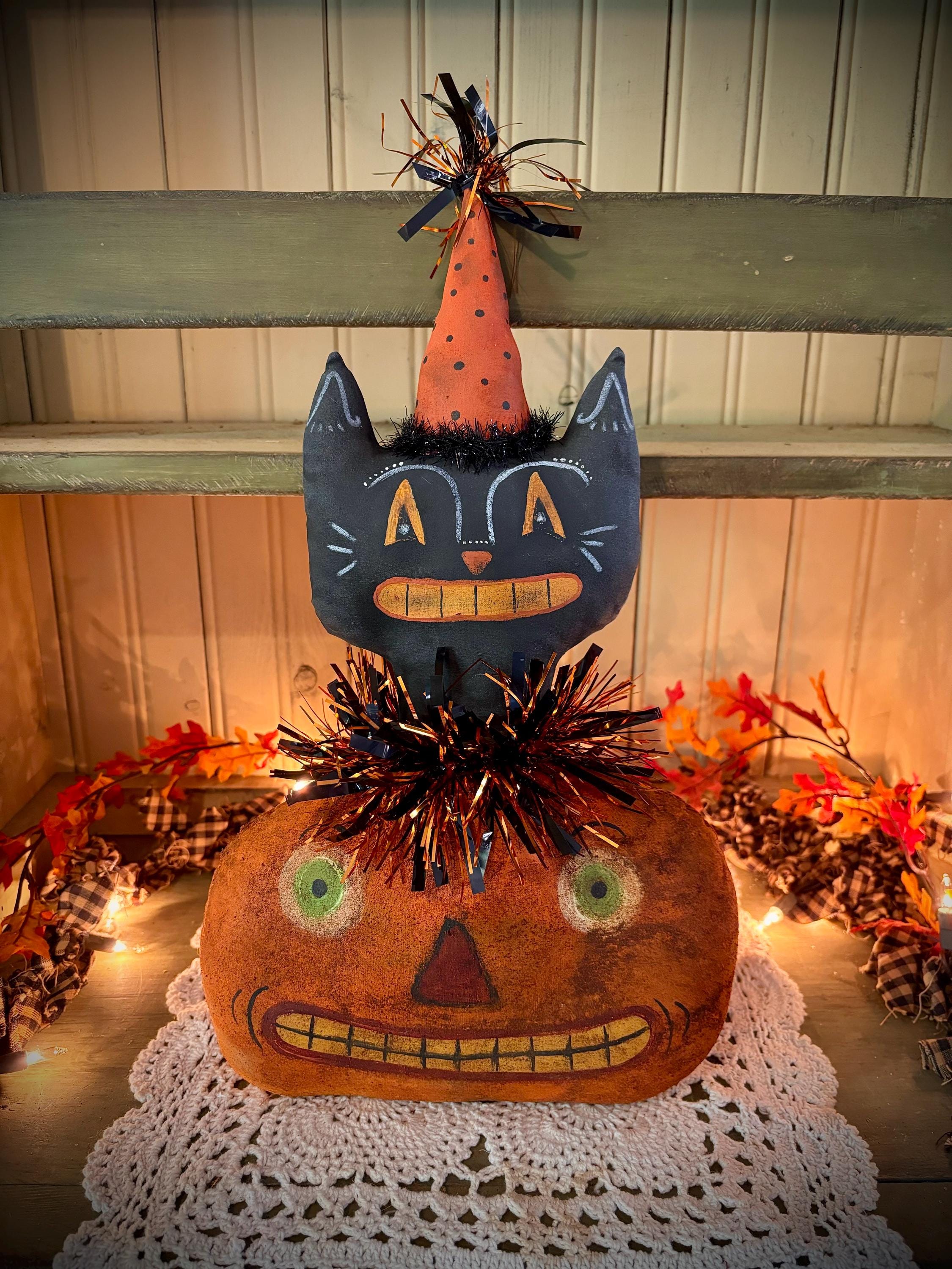 Vintage Inspired Cat Jac O Lantern Pumpkin Halloween Fall Folk Art ...