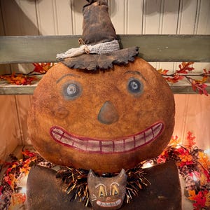 Vintage inspired grungy large primitive pumpkin folk art Halloween fall decor