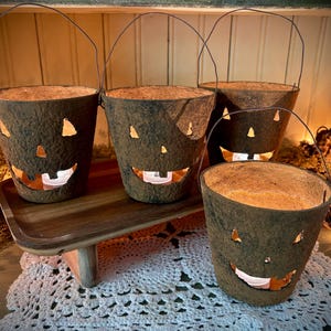 Primitive fall grunge jac o lantern pumpkin pails farmhouse Halloween decor candle holder folk art grungy spooky