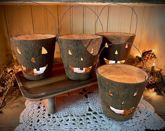 Primitive fall grunge jac o lantern pumpkin pails farmhouse Halloween decor candle holder folk art grungy spooky