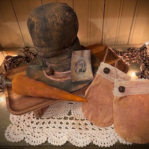 primitiv frostig der Schneemann Hut Handschuhe Karotte Set Weihnachten Bauernhaus Dekor