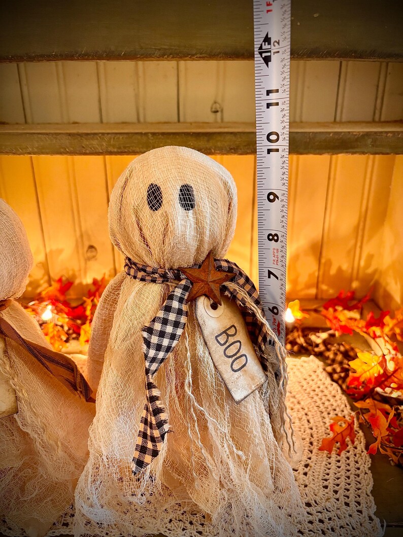 May include: A beige fabric ghost doll with black eye cutouts and a black and white checkered scarf. A wooden star and a tag that says "BOO" are attached. The doll is approximately 10 inches tall, perfect for Halloween decor.