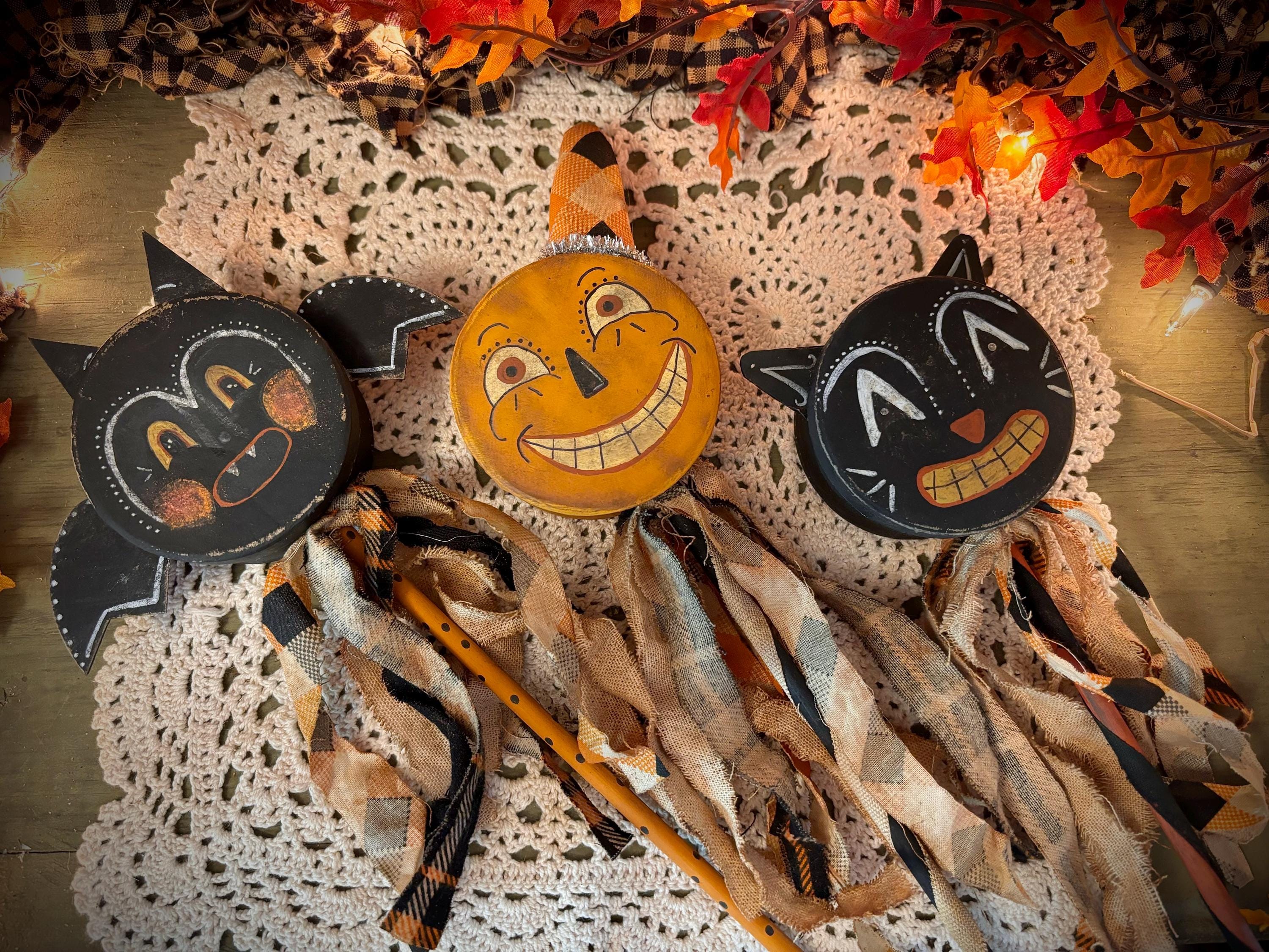 Primitive Rattles Primitive Retro Halloween Rattles Bat Cat Pumpkin Farmhouse Folk Art ...