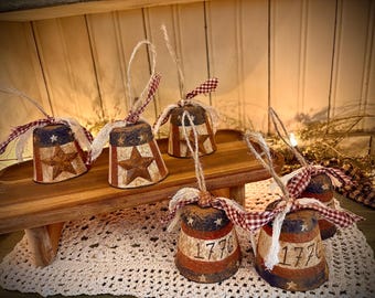 Primitive Americana bells hanging ornies colonial 1776 Fourth of July Memorial Day Labor Day farmhouse ornaments decor set of 3