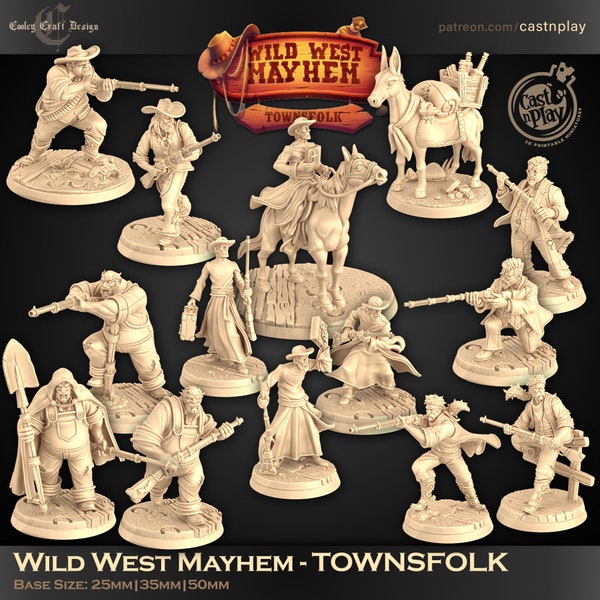 Wild West Mayhem - TOWNSFOLK | 3D Printed Minis | D&D | Gaming | Tabletop | CastnPlay | Wargaming | RPG | 32mm | Fantasy | Wild West Mayhem