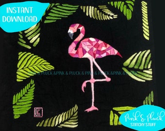Geometric Flamingo Tote Bag Hand Embroidery PDF Pattern Tropical Plants Leaves