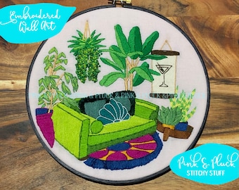 Jungalow | Hand Embroidered Modern Living Room Hoop Wall Art Decor Pink and Pluck Designs