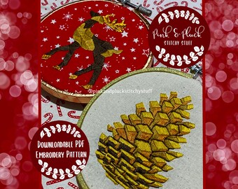 Christmas Embroidery Pattern Geometric Pinecone and Reindeer Modern Hand Embroidery