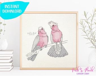 Gorgeous Galahs Australian Native Bird Series Modern Blackwork Pattern Instant PDF Download Aussie Design
