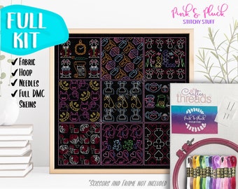 Alice in Wonderland Modern Blackwork Embroidery KIT Black Aida Evenweave