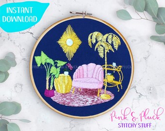 After Five Hand Embroidery Pattern | Plants Art Deco Living Room Champagne PDF | Pink and Pluck Stitchy Stuff