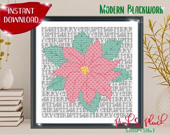 Australian Merry Christmas Poinsettia AC Modern Blackwork Pattern Instant PDF Download Aussie Design