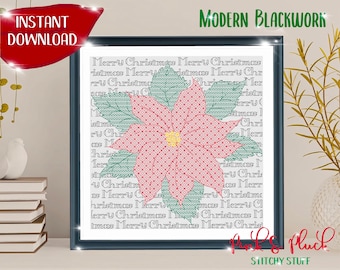 Australian Merry Christmas Poinsettia SC Modern Blackwork Pattern Instant PDF Download Aussie Design Australia Down Under