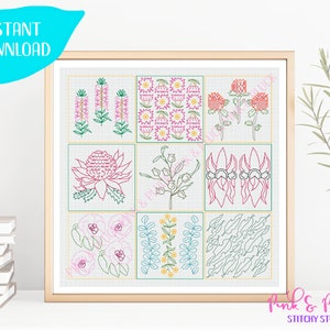 May include: A digital cross-stitch pattern featuring nine different Australian native flowers, including banksia, wattle, and gum blossoms. The pattern is in a grid format and is perfect for embroidery projects.