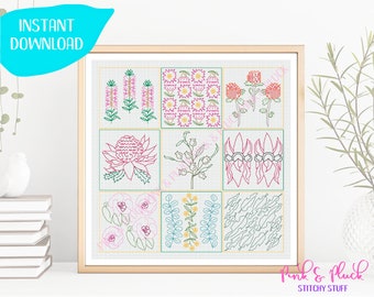 Australian Flora Modern Blackwork PDF Chart Embroidery Pattern by Pink and Pluck Aussie Natives Silver Dollar Gum Banksia Bottlebrush Rose