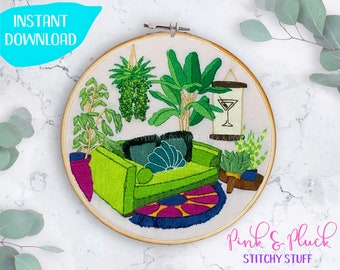 Jungalow Hand Embroidery Pattern | Plants Art Deco Living Room Jungle PDF | Pink and Pluck Stitchy Stuff