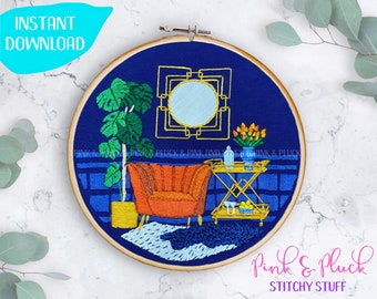 Gin Time Hand Embroidery Pattern | Plants Art Deco Living Room Gin PDF | Pink and Pluck Stitchy Stuff Martini G&T Tonic Monstera Mirror