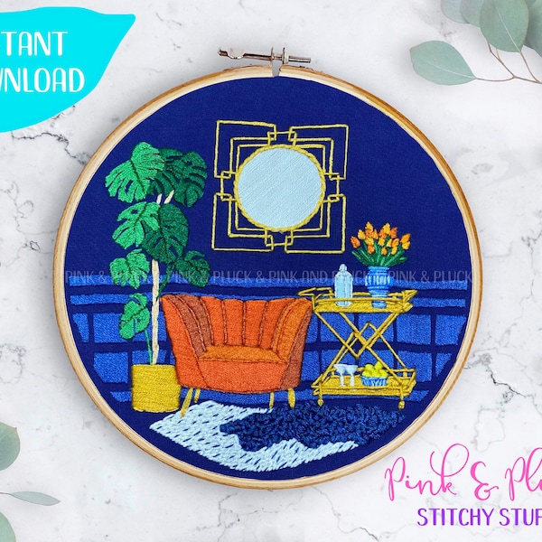 Gin Time Hand Embroidery Pattern | Plants Art Deco Living Room Gin PDF | Pink and Pluck Stitchy Stuff Martini G&T Tonic Monstera Mirror