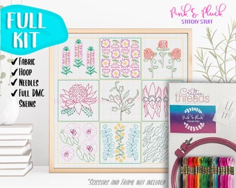 Australian Flora Modern Blackwork KIT Embroidery Pattern by Pink and Pluck Aussie Natives Silver Dollar Gum Banksia Bottlebrush Rose
