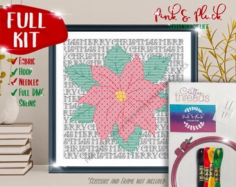 Australian Merry Christmas Poinsettia AC FULL KIT Modern Blackwork Pattern Aussie Design Australia Down Under Aussie