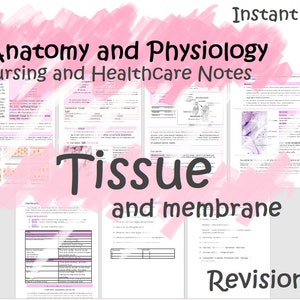 Puede incluir: Un gráfico rosa y blanco con el texto "Anatomy and Physiology Nursing and Healthcare Notes" y "Tissue and membrane". El gráfico también incluye el texto "9 Pages Revision Notes" y "Instant Download".