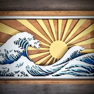 The Great Wave at Kanagawa Wood Wall Art, Framed Japanese Wave and Sun Wood Wall Decor, Asian Ukiyo Art, Beach house Decor