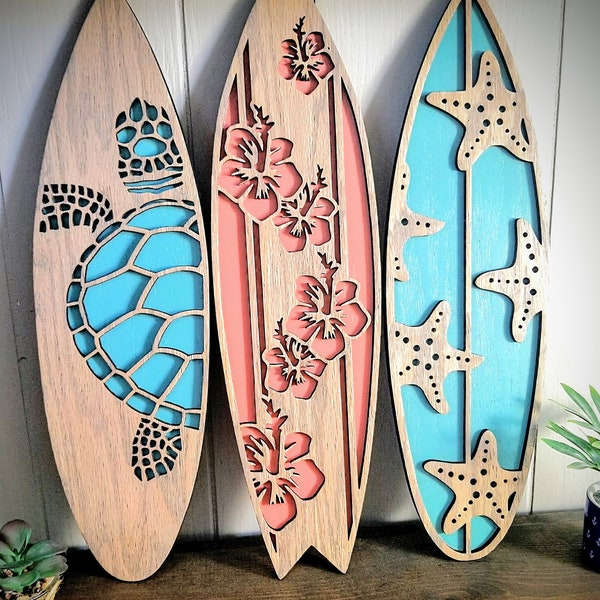 Hawaiian Surfboards,  Hibiscus Flower decor, Pineapple wall hanging, Sea turtle wall decor, beach decor, surfer girl, Polynesian wall art