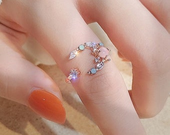 Promise Ring Gift For Her Rose Gold Open Ring Crystal Ring Gemstone Ring Statement Ring Adjustable Ring Dainty Ring Cute Cuff Ring