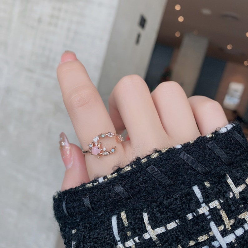 Promise Ring Gift For Her Rose Gold Open Ring Crystal Ring Gemstone Ring Statement Ring Adjustable Ring Dainty Ring Cute Cuff Ring