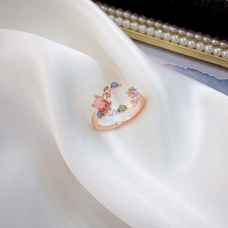 Promise Ring Gift For Her Rose Gold Open Ring Crystal Ring Gemstone Ring Statement Ring Adjustable Ring Dainty Ring Cute Cuff Ring