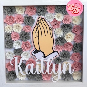 Baptism, First Communion, Confirmation, Prayer Hands Shadow Box with Personalized Name