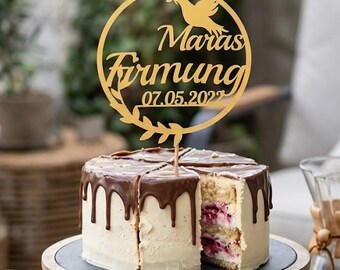 Adorno para tarta de confirmación con nombres y fecha personalizables.