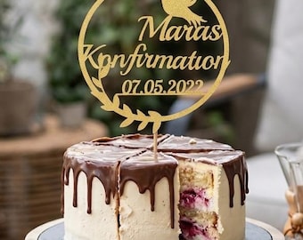 Adorno para tarta de confirmación personalizado con nombre, fecha y color | Adorno de madera para tarta | Decoración para tartas | Figura para tarta de confirmación, comunión y bautismo