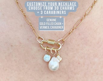 Gold Filled Trombone Chain Carabiner Charm Necklace | 10.7mm Gold Fill Victorian Style Old World Albert Chain w/ Vermeil Carabiner + Charms