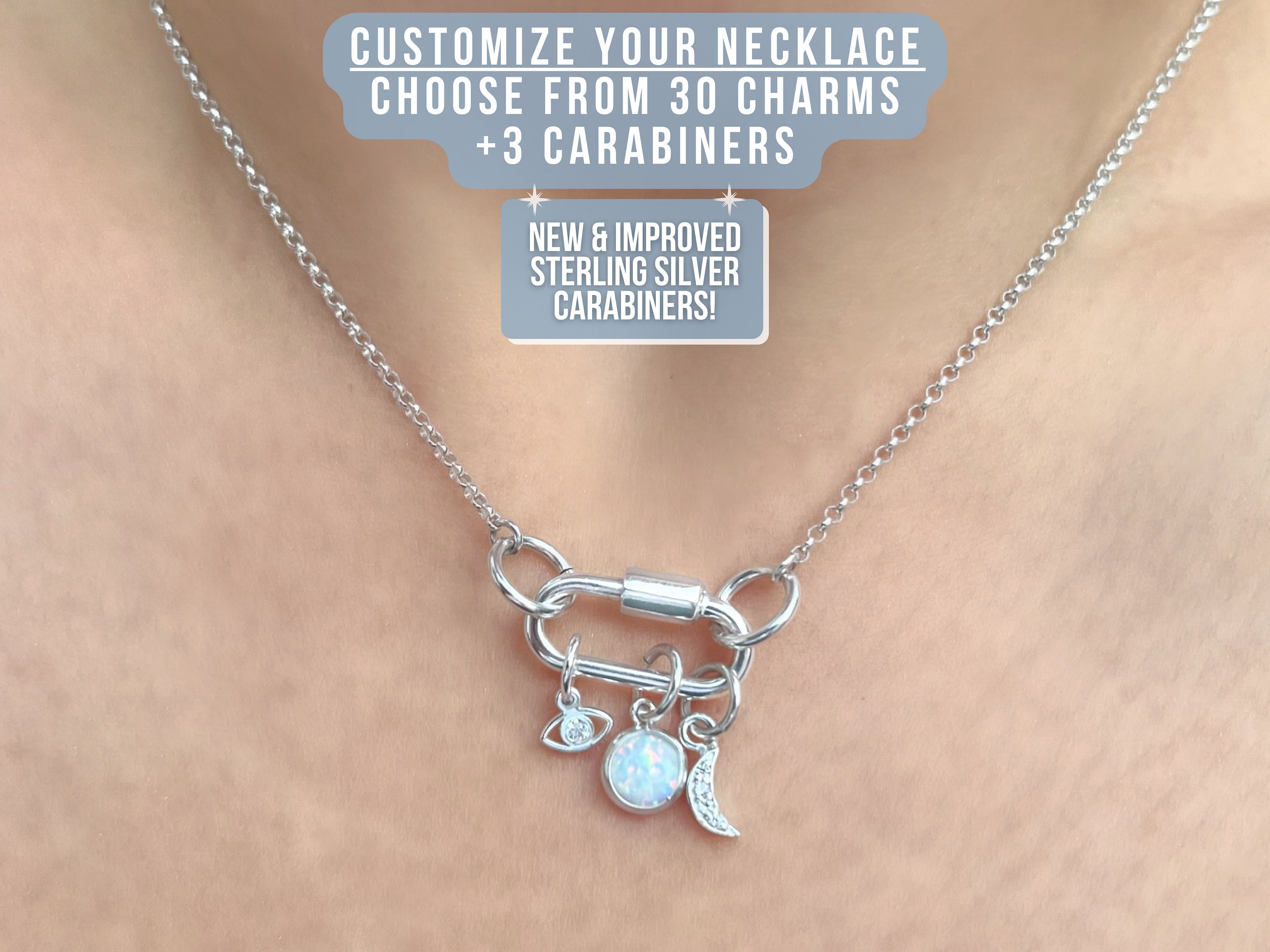 Sterling Silver Carabiner Charm Necklace - 1.4mm Dainty Rolo Chain Sterling Silver Carabiner Charm Necklace - 1.4mm Dainty Rolo Chain