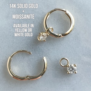 14k Solid Gold Charm Earring with Moissanite Charm - 14k Gold Hoop Earring with Charm - Huggie 14k Earring Charm for Earring - Gifts for Her