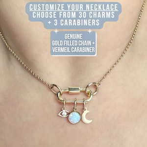 14k Gold Filled Rolo Chain Carabiner Charm Necklace - 1.4mm Dainty Gold Rolo Chain Vermeil Gold Carabiner Necklace with Charms Gift for Her