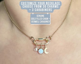 14k Gold Filled Rolo Chain Carabiner Charm Necklace - 1.4mm Dainty Gold Rolo Chain Vermeil Gold Carabiner Necklace with Charms Gift for Her