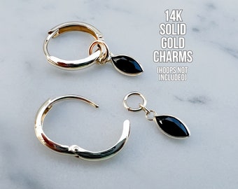 14k Solid Gold Earring Charms - Black Diamond Spinel Gemstone Marquise Charm for Earring Hoops - 14k Gold Charm for Hoop Earring with Charm